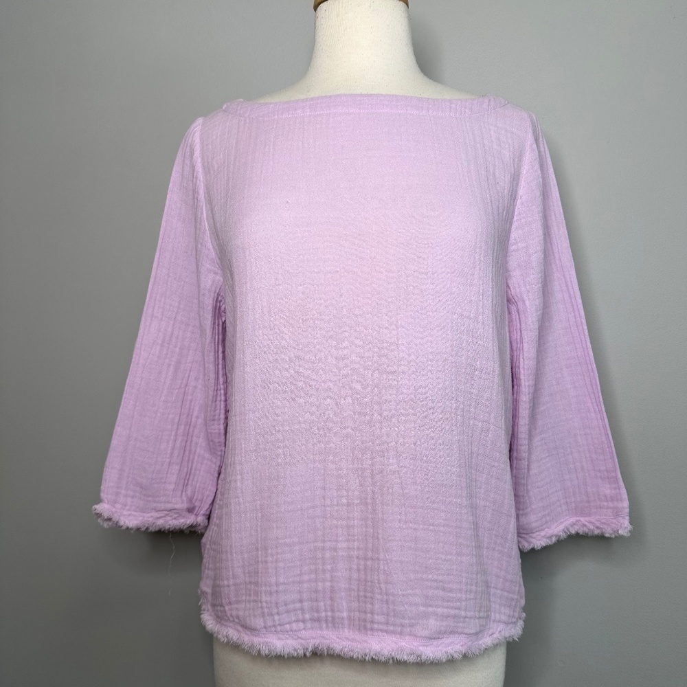EILEEN FISHER Lavender Crew Neck Frayed Hem 3/4 Sleeve Blouse Top PM